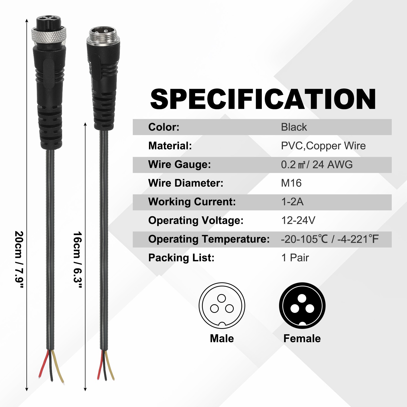 3 Pin Electrical Connector, 24 AWG Male Female Waterproof Connector Black gallery