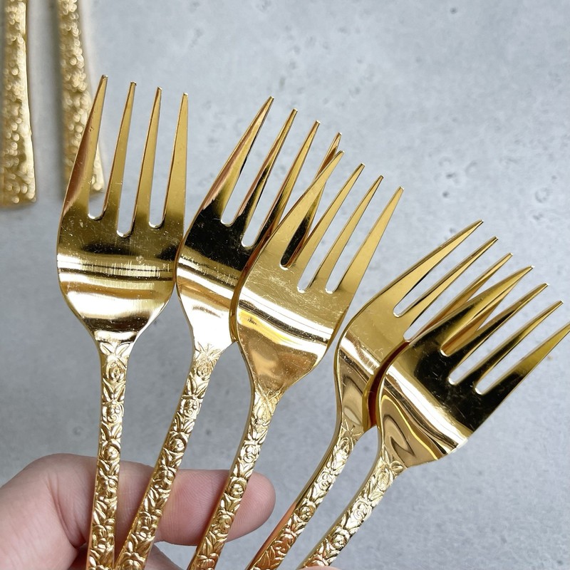 13 Pc Gold Tone Electroplated Stainless Flatware Rose Floral Japan Forks Knives gallery