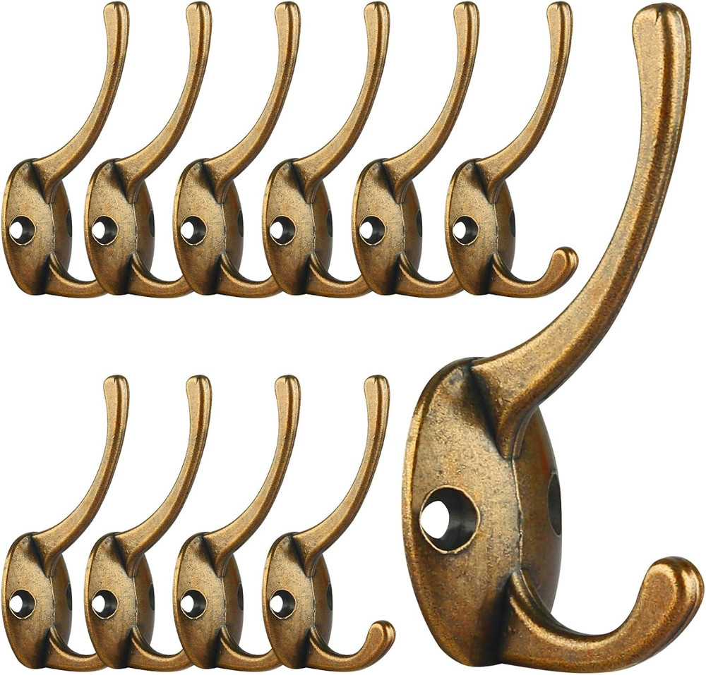 12 Pack Antique Brass Coat Hooks Wall Mounted with 24 Screws Retro Double Hooks