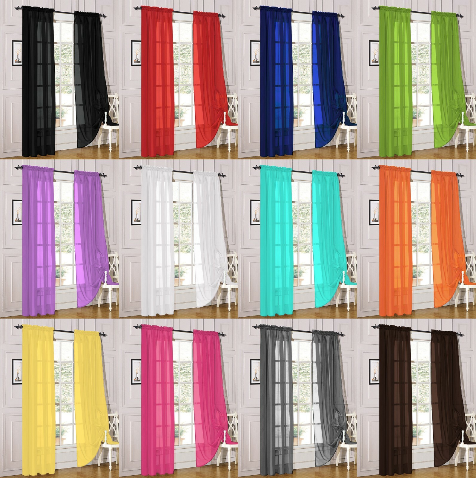 2 Piece Sheer Voile Rod Pocket Window Panel Curtain Drapes Many Sizes & Colors gallery