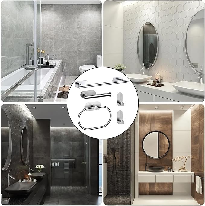 4 Pcs Bathroom Hardware Set Stainless Steel Towel Bar Towel Racks adhesive Hooks gallery