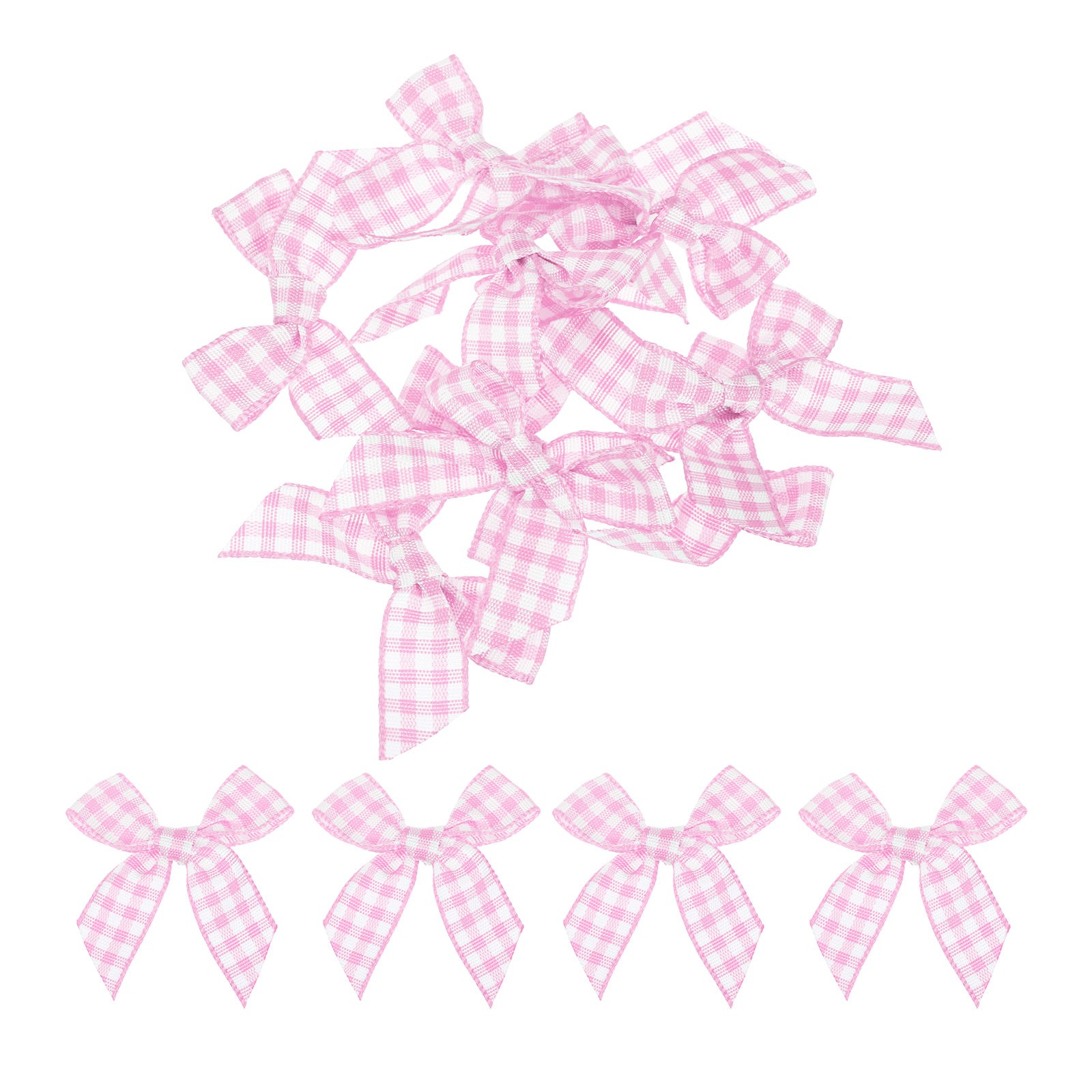 10Pcs Mini Gingham Ribbon Bow 1.5" Checkered Fabric Satin Pink and White gallery