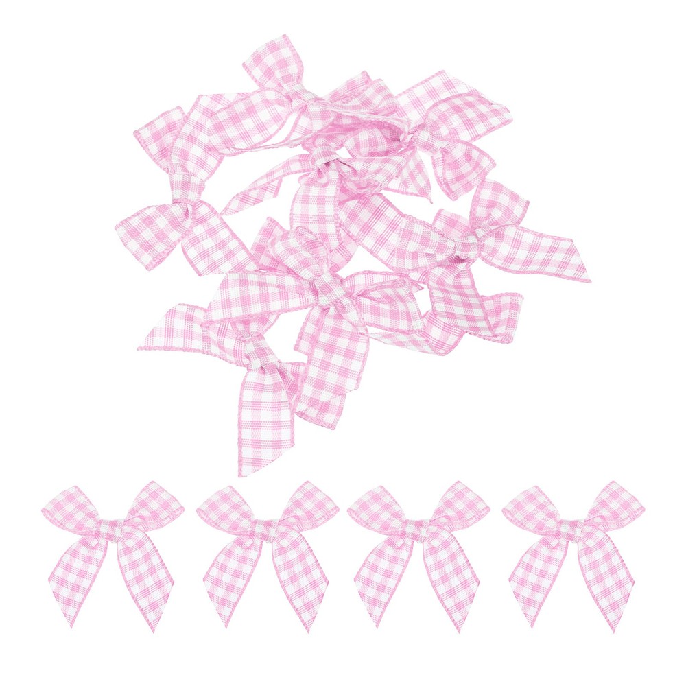 10Pcs Mini Gingham Ribbon Bow 1.5" Checkered Fabric Satin Pink and White