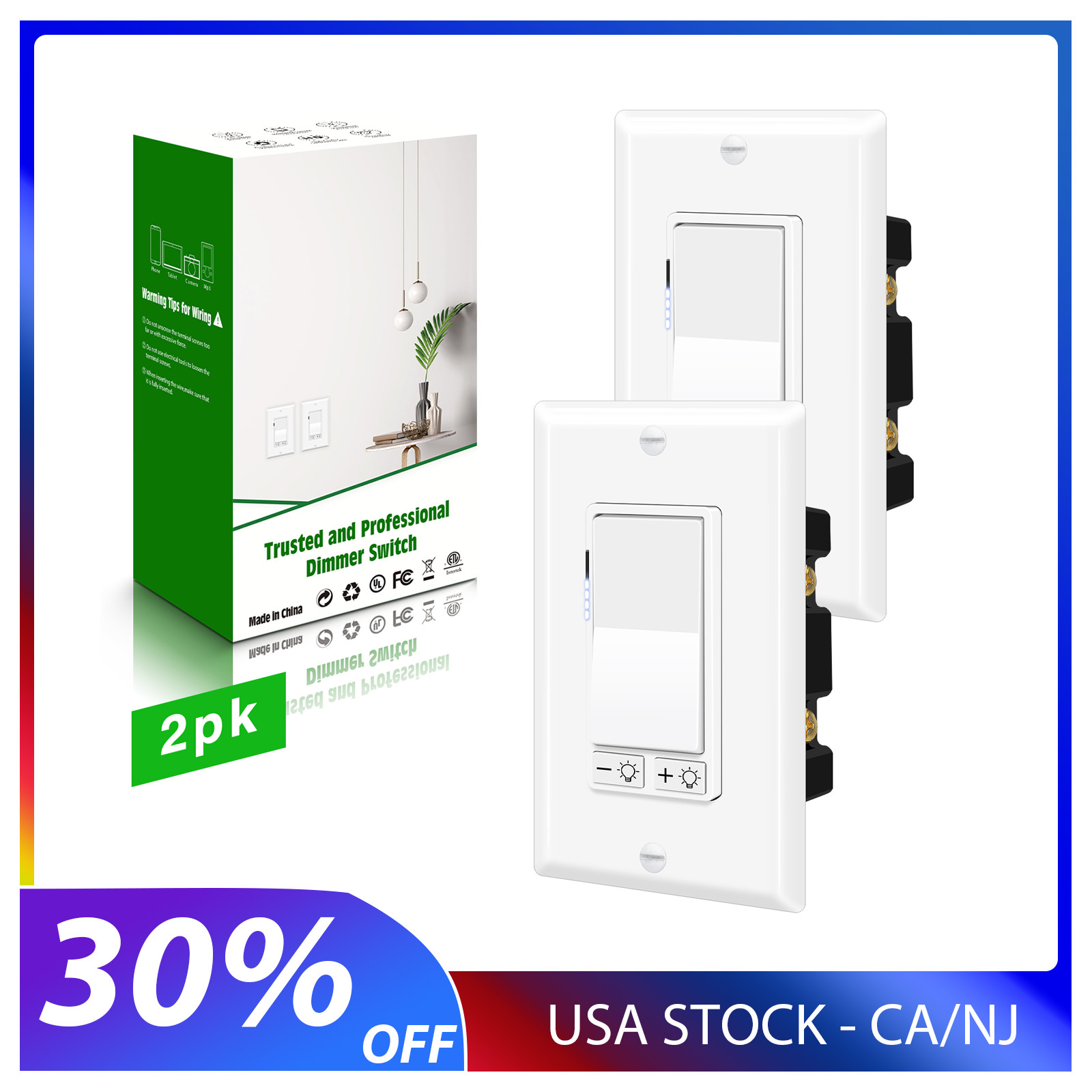 2Pack 40,000+ Cycles Dimmer Switch Wide Temperature 14°F to 104°F LED CFL 300W gallery
