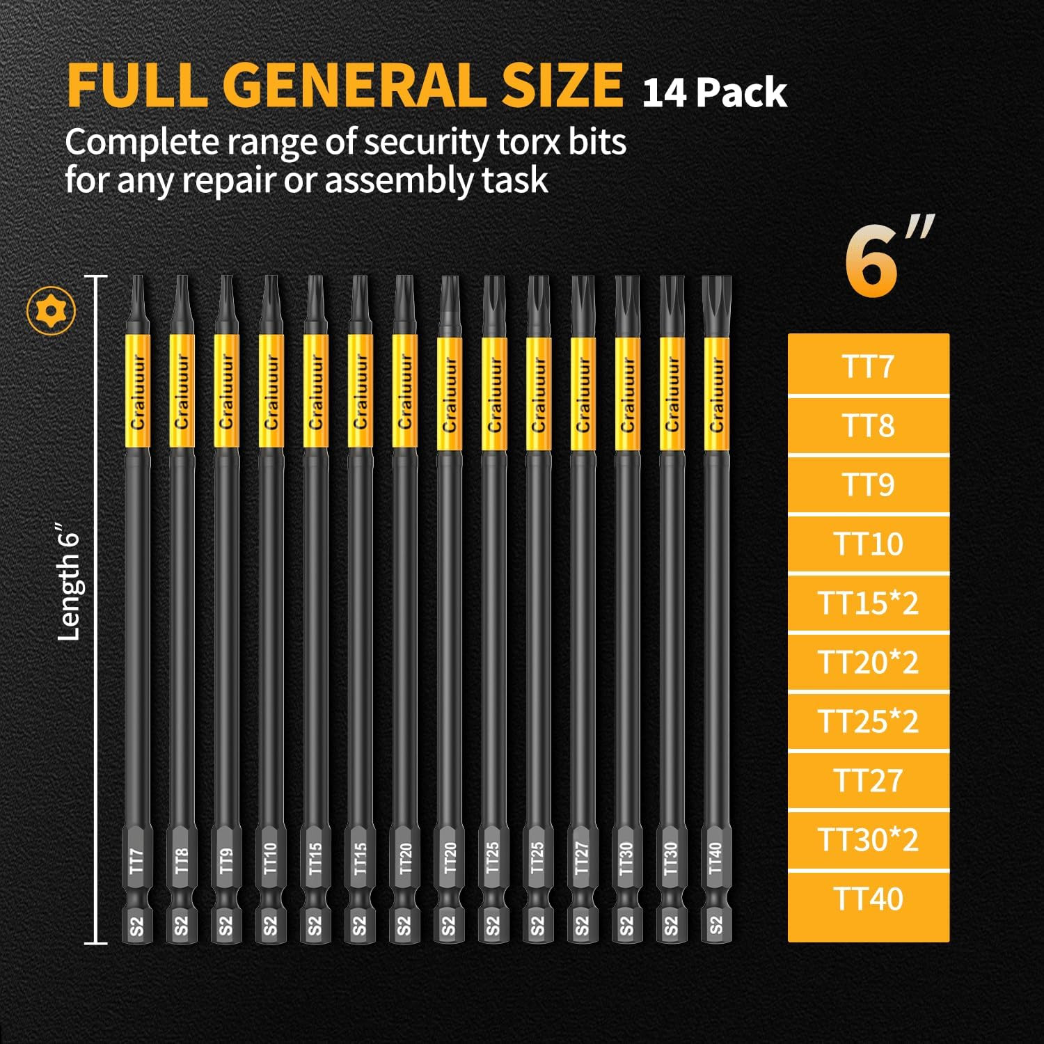 14PCS Impact Long Torx Bit Set 6 Inch T7–T40 Tamper Proof Star Bits Set Magnetic gallery