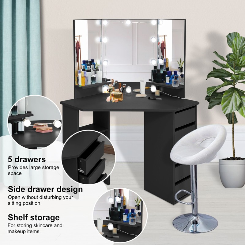 Makeup Vanity Desk with Lighted Mirror Table Set w/5 Drawers&Shelves Bedroom S++ gallery