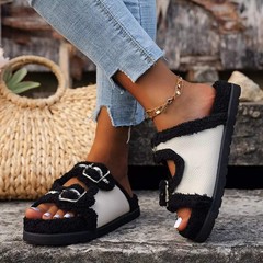 Double Buckle Plush Lined Platform Slippers