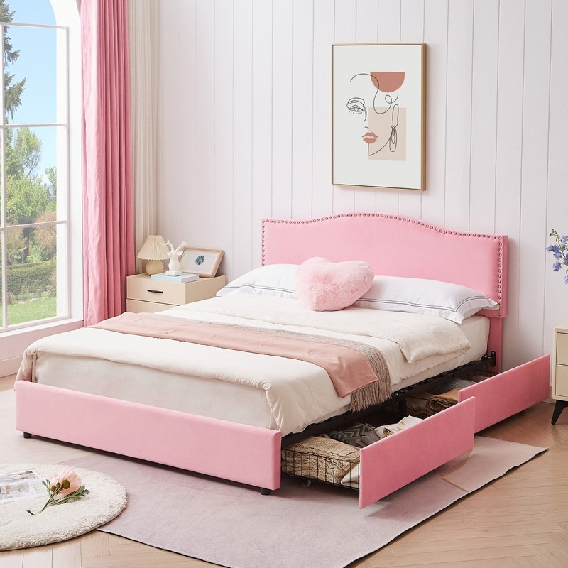 Full Queen Size Upholstered Bed Frame with Adjustable Headboard and 4 Drawers gallery