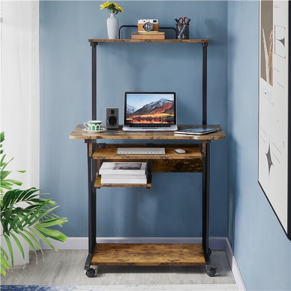 3 Tier Rolling Computer Desk w/Printer Shelf Keyboard Tray Rustic Mobile Desk gallery