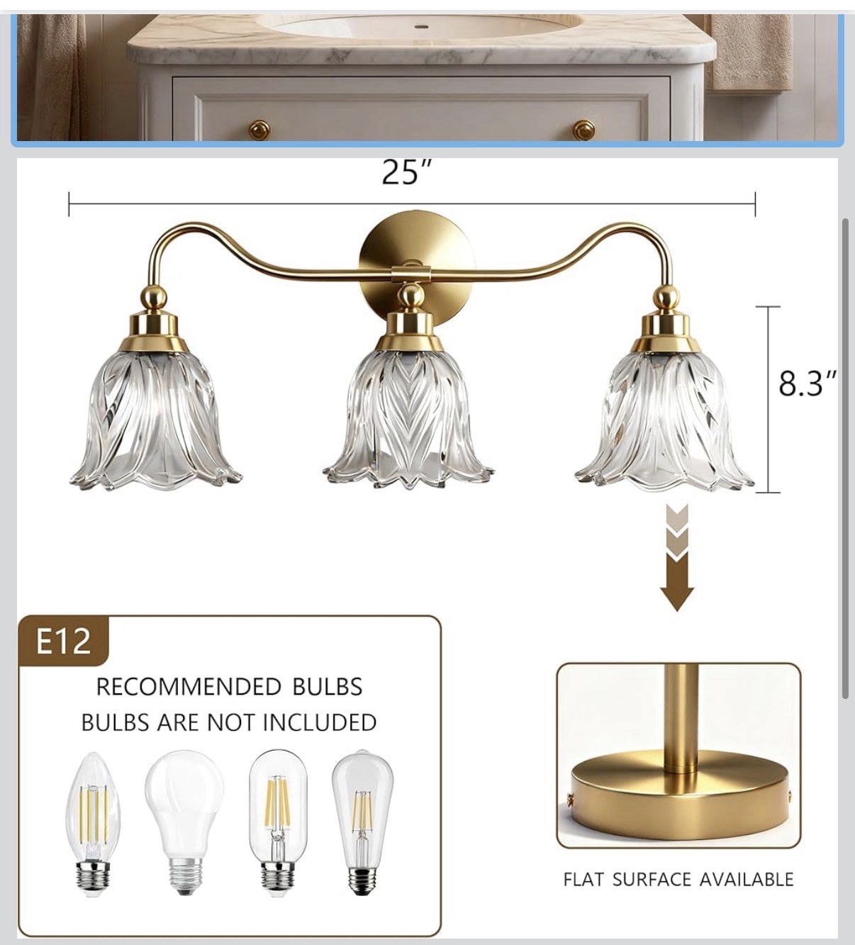 3-Light Gold Vanity Wall Light, Clear Glass Shades, E12, 25in, 110-120V gallery