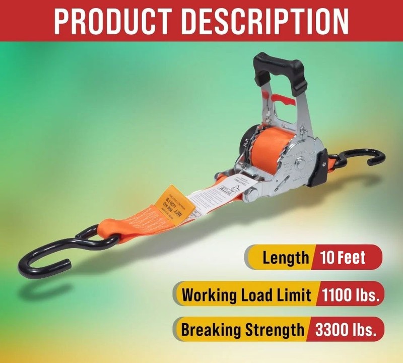 2 Pack Orange 2"x10' Auto Retractable Ratchet Straps with S Hook Tiedowns gallery