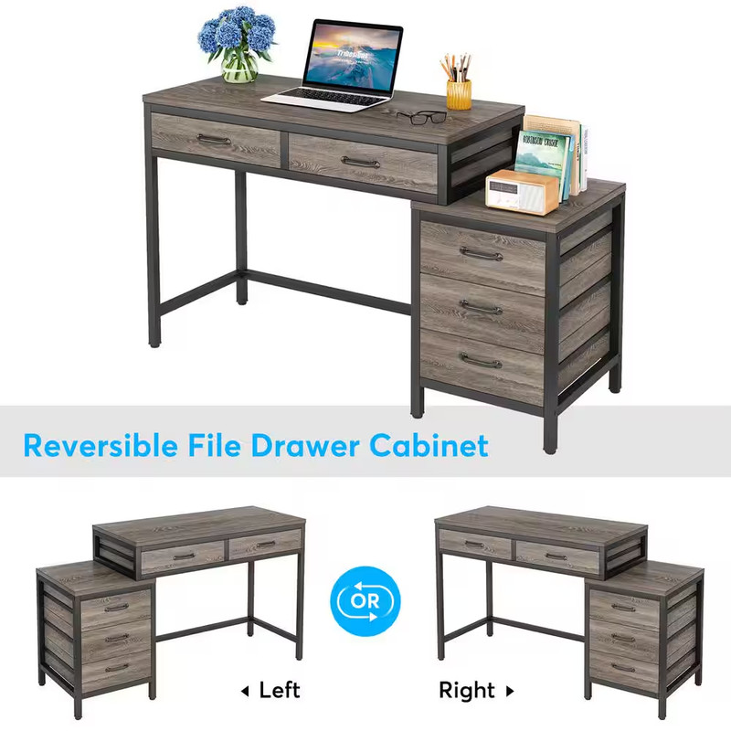 Cassey 51 In. Rectangular Industrial Gray Wood 5-Drawer Computer Desk, Revers... gallery