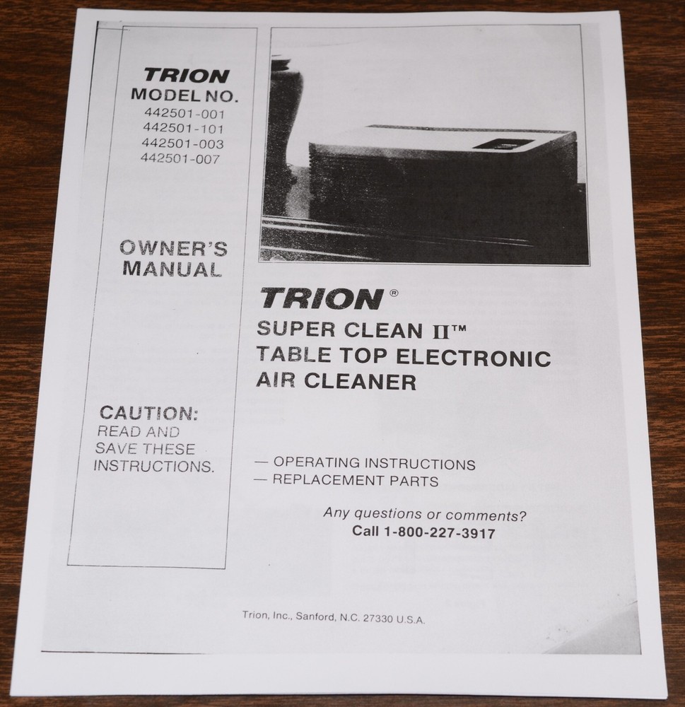 TRION TABLE TOP ELECTRONIC AIR CLEANER MANUAL 442501-001 101 003 007