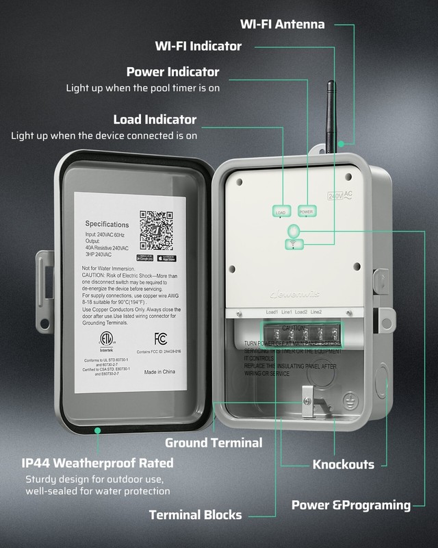 DEWENWILS Pool Pump Timer, Outdoor Smart WiFi Box, Heavy Duty 40A 240VAC 3HP gallery