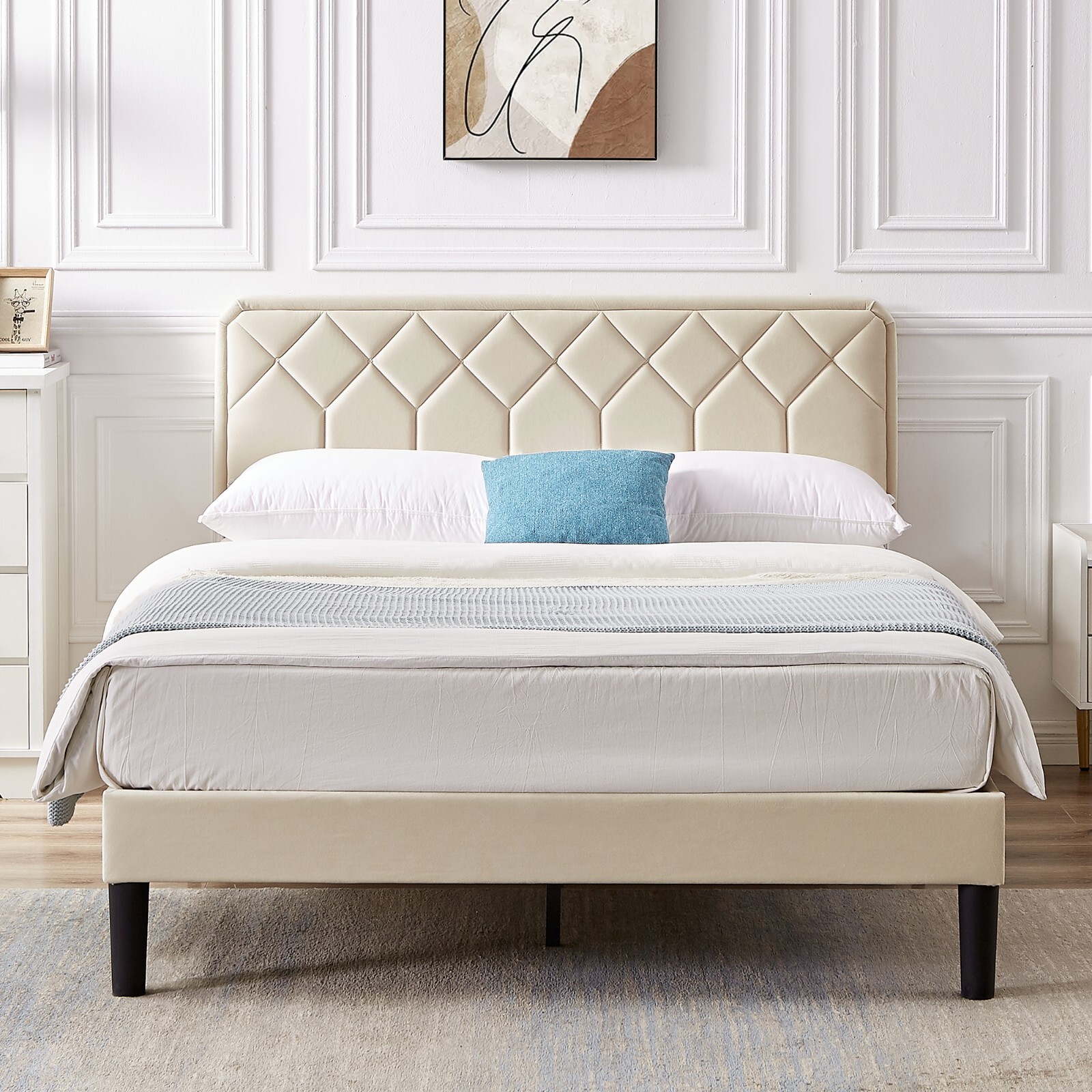 Vecelo Upholstered Bed Frame Twin Full Queen Size Platform with Velvet Headboard gallery