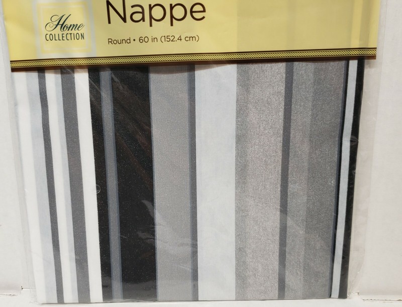 Thin Peva Vinyl Tablecloth 60" Round, MULTICOLOR STRIPES, black, grey, white, GR gallery