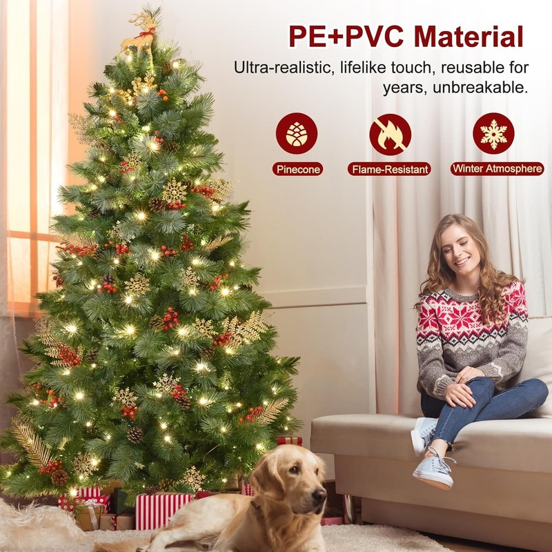 4-9 ft Prelit Artificial Christmas Tree Snow Tips Pinecone Xmas Tree w/ Lights gallery