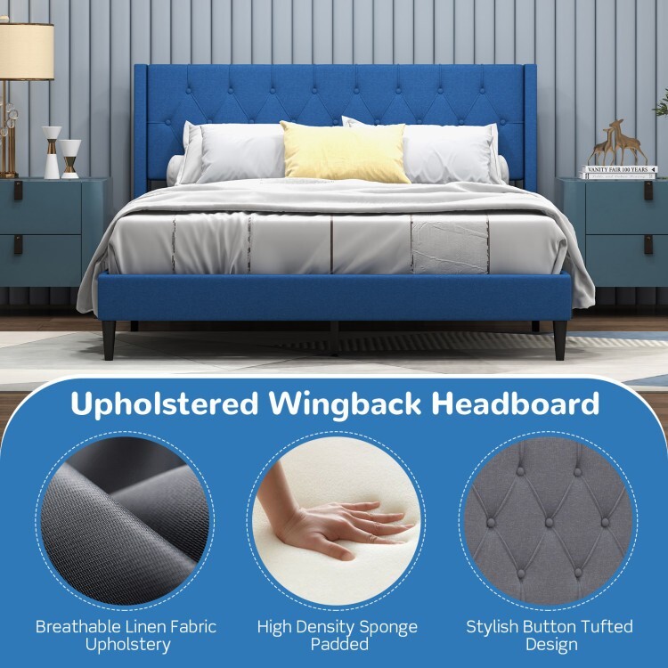 Queen Size Platform Bed Frame Upholstered With Button Tufted Wingback Headboard gallery