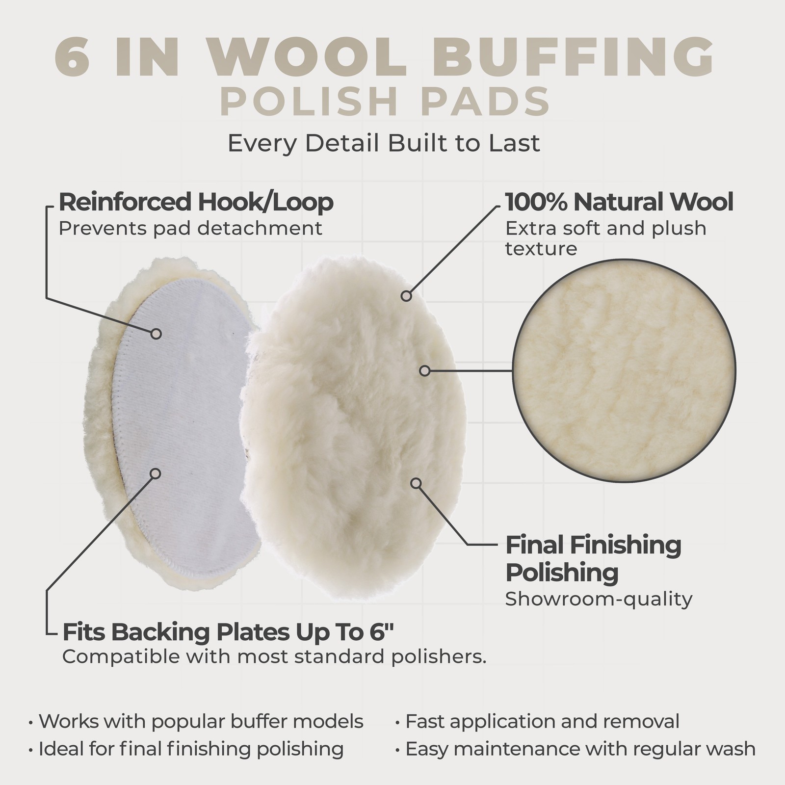 6" Natural 100% Wool 1" Pile Grip Buffing & Polishing Pad 2 Pack gallery