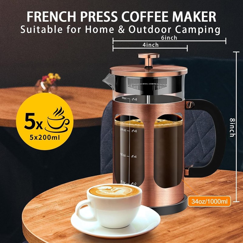 French Press Coffee Maker 34Oz / 1 Quart 304 Stainless Steel Coffee Press, gallery