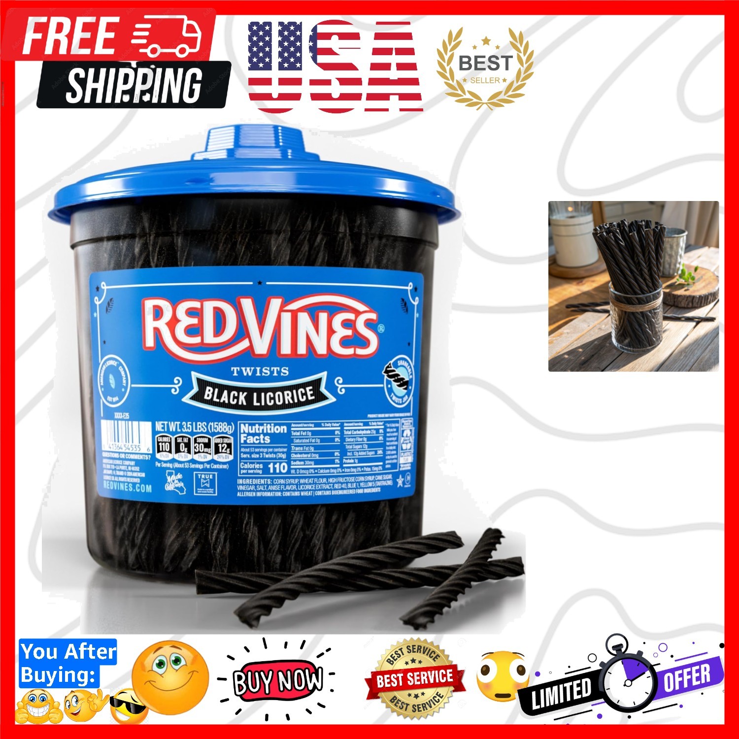 Red Vines Black Licorice Candy Black Licorice Soft Chewy Candy Twists 3.5 Lb Jar gallery