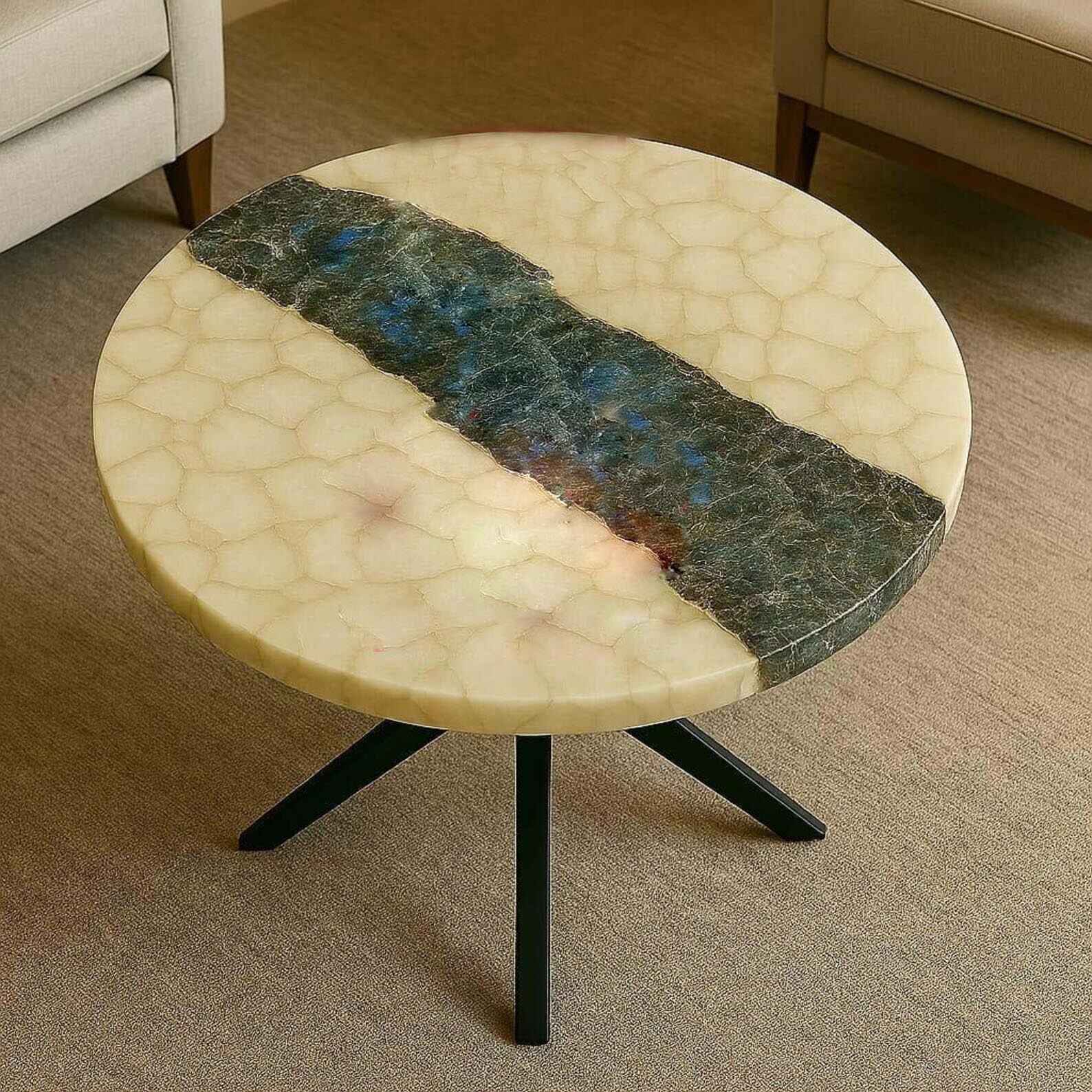 White Agate and Labradorite Coffee Table | Natural Stone | Luxury Handmade Slabs gallery