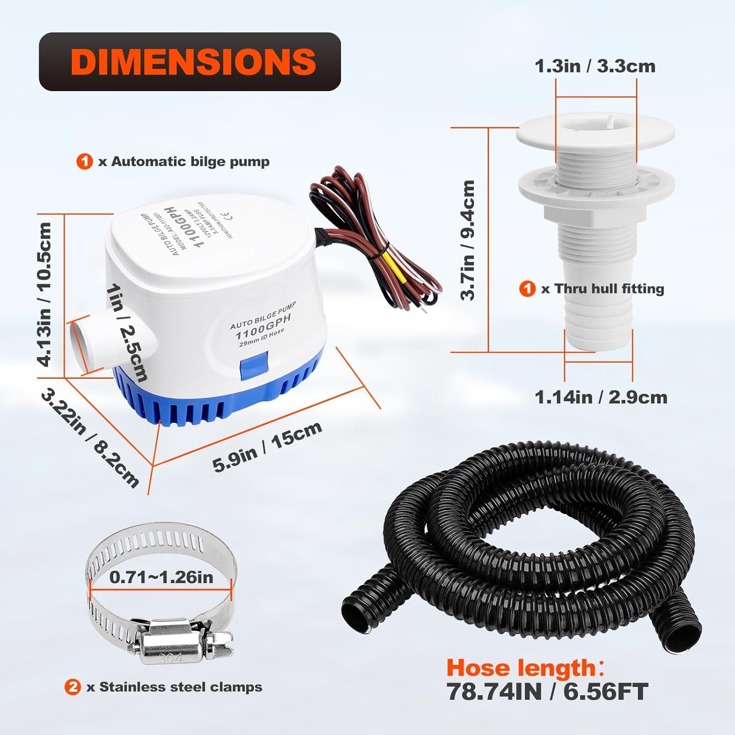 GPH Automatic Boat Bilge Water Pump 12V, 1-1/8 Inch Dia Bilge Pump Plumbing Kit gallery