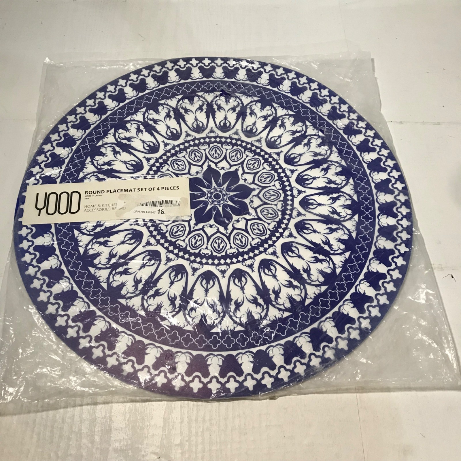 Mandala Pattern Placemats PVC Set Of 4 Round Blue & White 14" gallery