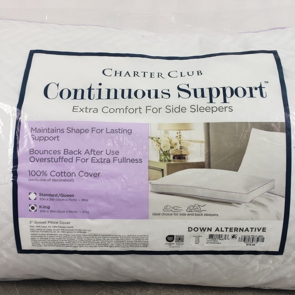 Charter Club Continuous Support Pillow Extra Comfort White King 20 in x 36 in