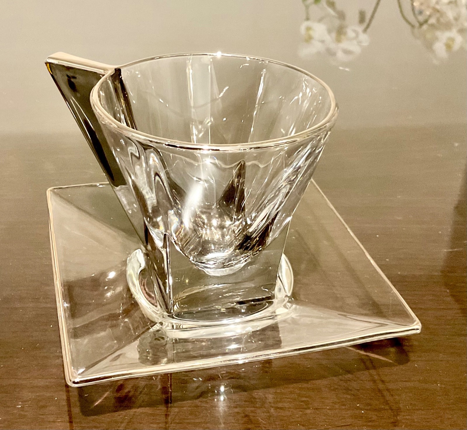 European Crystal Espresso Cup & Square Saucer w/ Chrome Handle — New/Display gallery