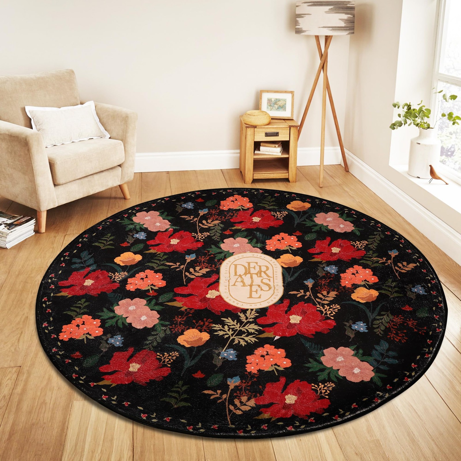 ROTTOGOON ROUND RUG 4FT WASHABLE CIRCLE SOFT FLORAL RUG RUBBER BACKING - BLACK gallery