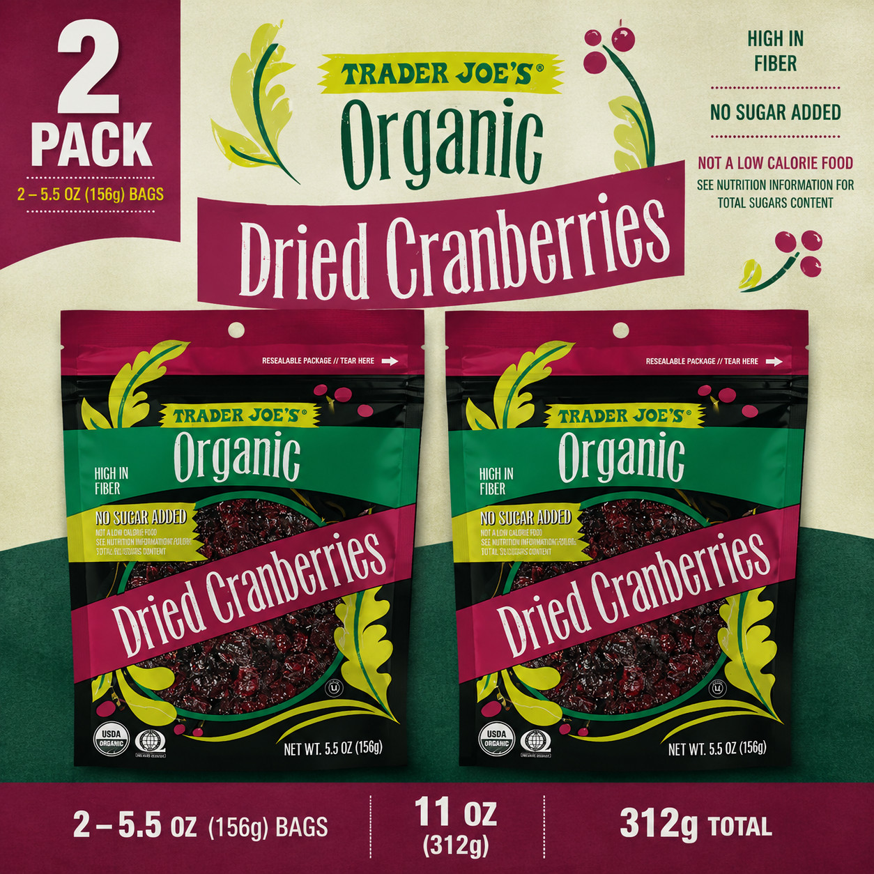 2-Pack Trader Joe's Organic Dried Cranberries, No Sugar Added gallery
