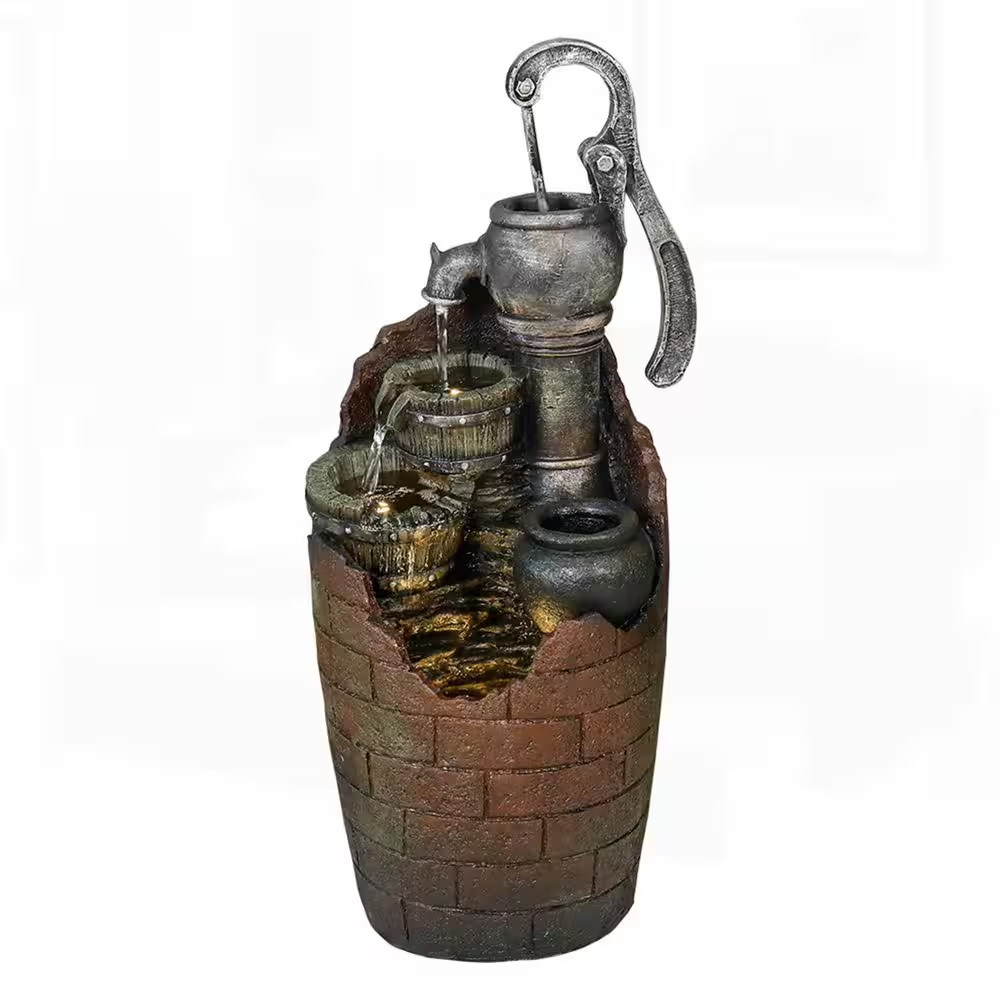 Rustic 32. 6In. H Resin Barrel 4-Tier Cascading Tiered Fountain with Adjustable gallery