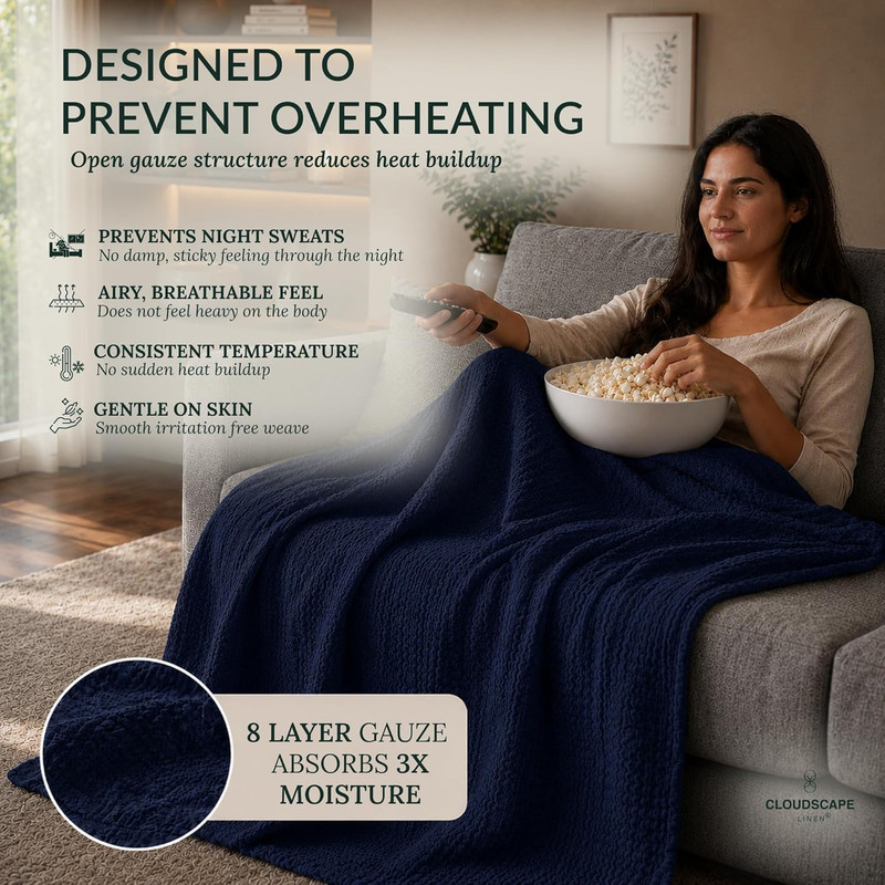 CLOUDSCAPE 8 Layer Cotton Muslin Blanket - Soft Oversized Throw in Ensign Blue gallery