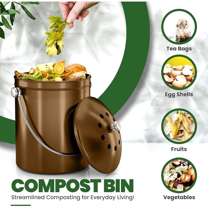 Stainless Steel Compost Bin Kitchen Countertop Odorless Easy Clean Waste Bin New gallery