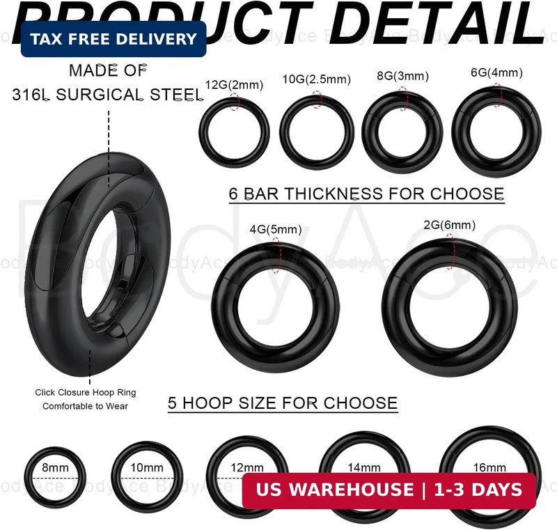 Black Hinged Segment Clicker PA Rings, 2G 4G 6G 8G 10G 12G Large Spring Action B gallery