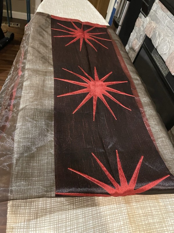 Double Sided Table Runner Maroon~Black Knit Sheer Fabric Star Burst 55.5”L 19.5” gallery