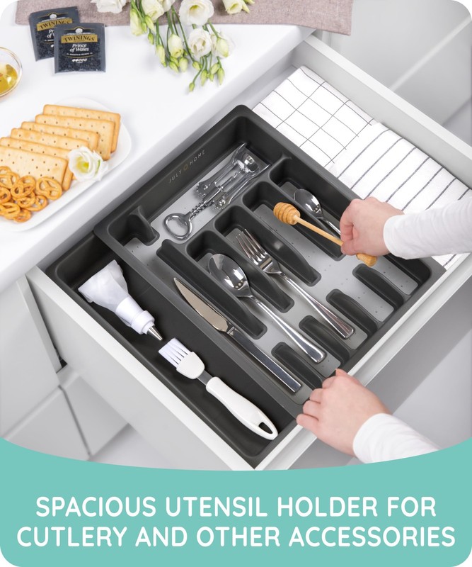 JULY HOME Expandable Kitchen Drawer Organizer - Plastic 10"L x 10"W, Black gallery