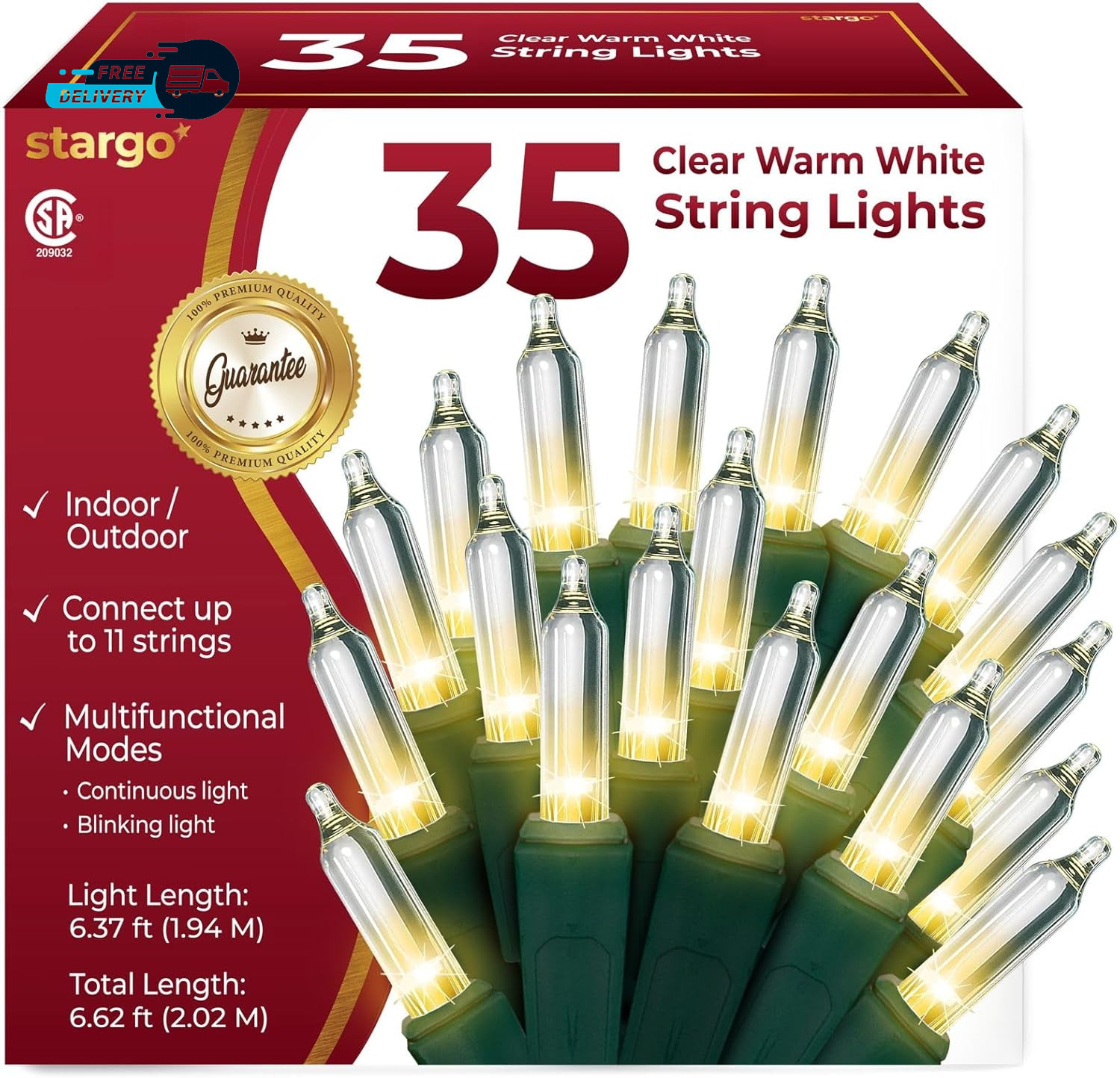 Clear Warm White Christmas Tree Lights - 6.3 Ft String of 35 Incandescent Mini B gallery