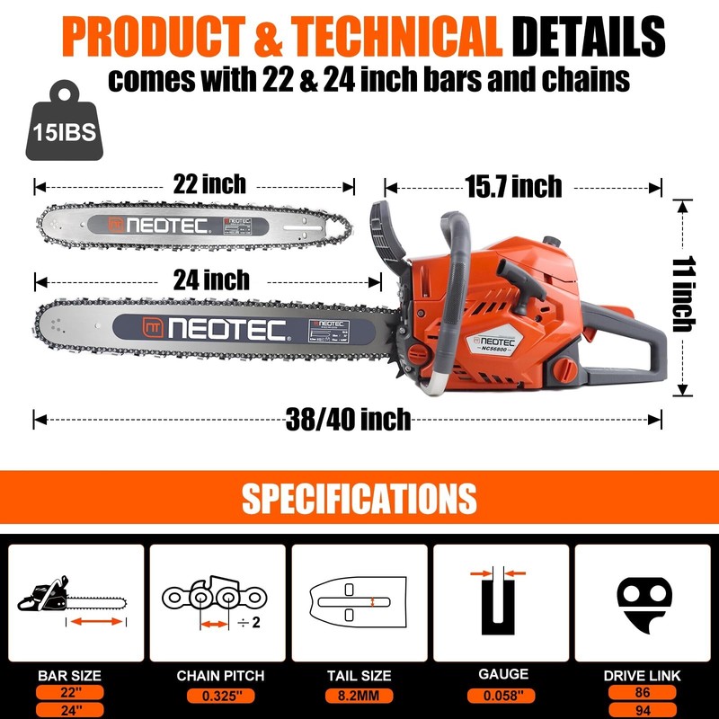 68CC 22'' 24'' Gasoline Chainsaw Powered Wood Cutting Engine Gas Chain Saw 2 Bar gallery