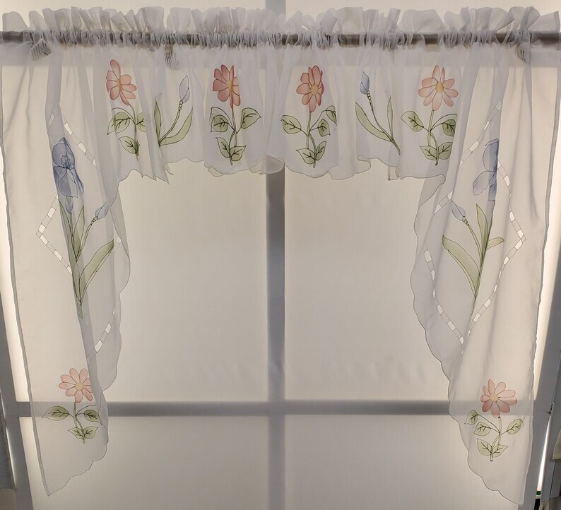 Iris Airbrushed Hand Cutwork Floral Sheer Toppers Swag or Valance VINTAGE White gallery