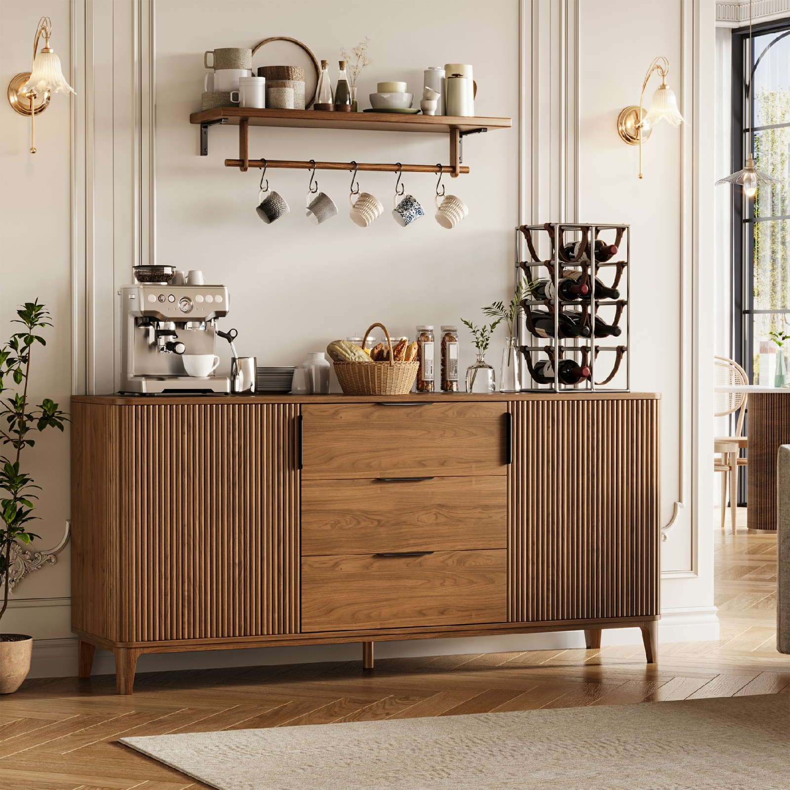 Sideboard Buffet Cabinet, 59" Fluted Storage Cabinet with 3 Drawers for Kitchen gallery