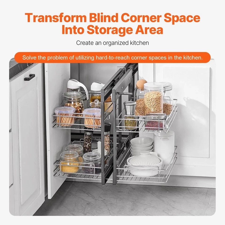 Min 15"W Opening Blind Corner Pull Out Organizer, 2 Tier 4 Shelf Kitchen Cabinet gallery
