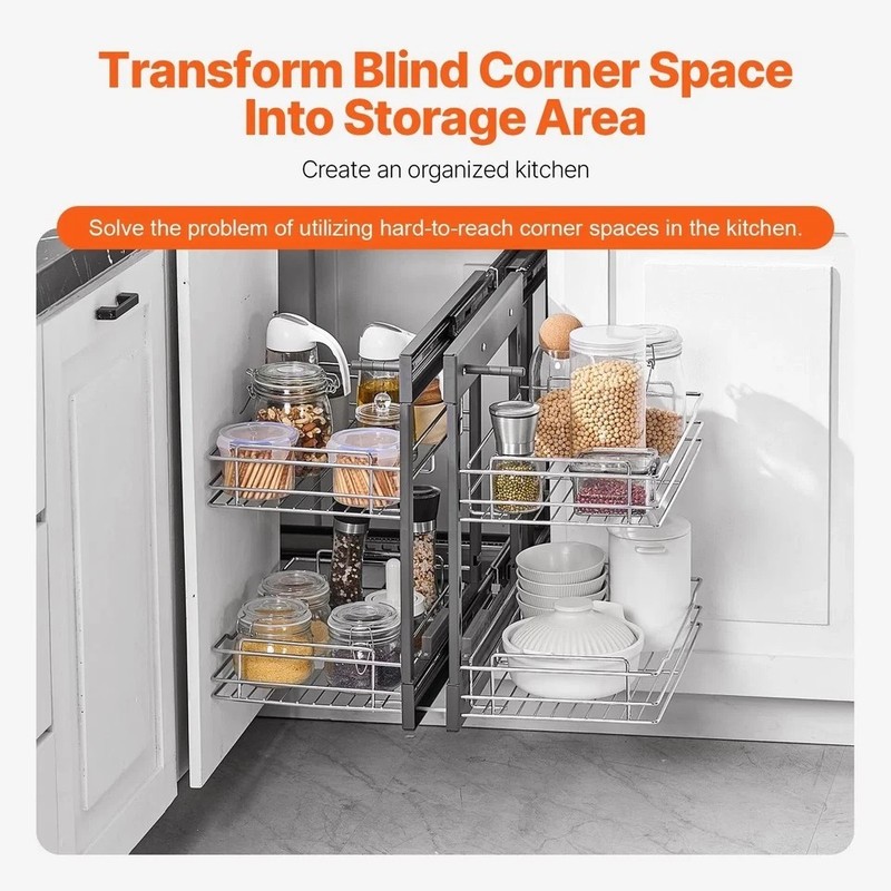 Min 15"W Opening Blind Corner Pull Out Organizer, 2 Tier 4 Shelf Kitchen Cabinet gallery