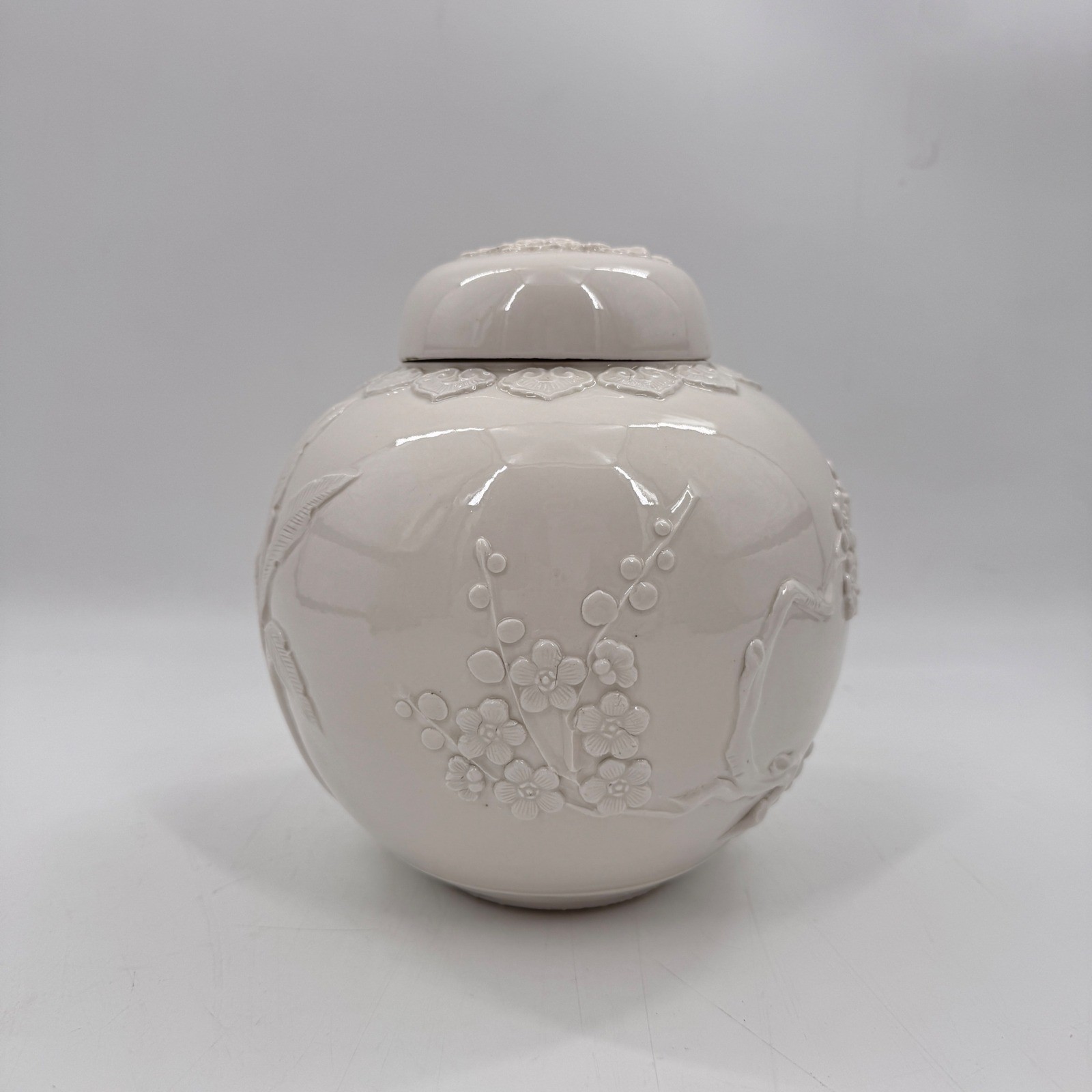 White Relief Porcelain Ginger Jar Rooster Floral Botanical Blanc de Chine gallery