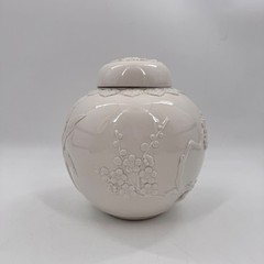 White Relief Porcelain Ginger Jar Rooster Floral Botanical Blanc de Chine