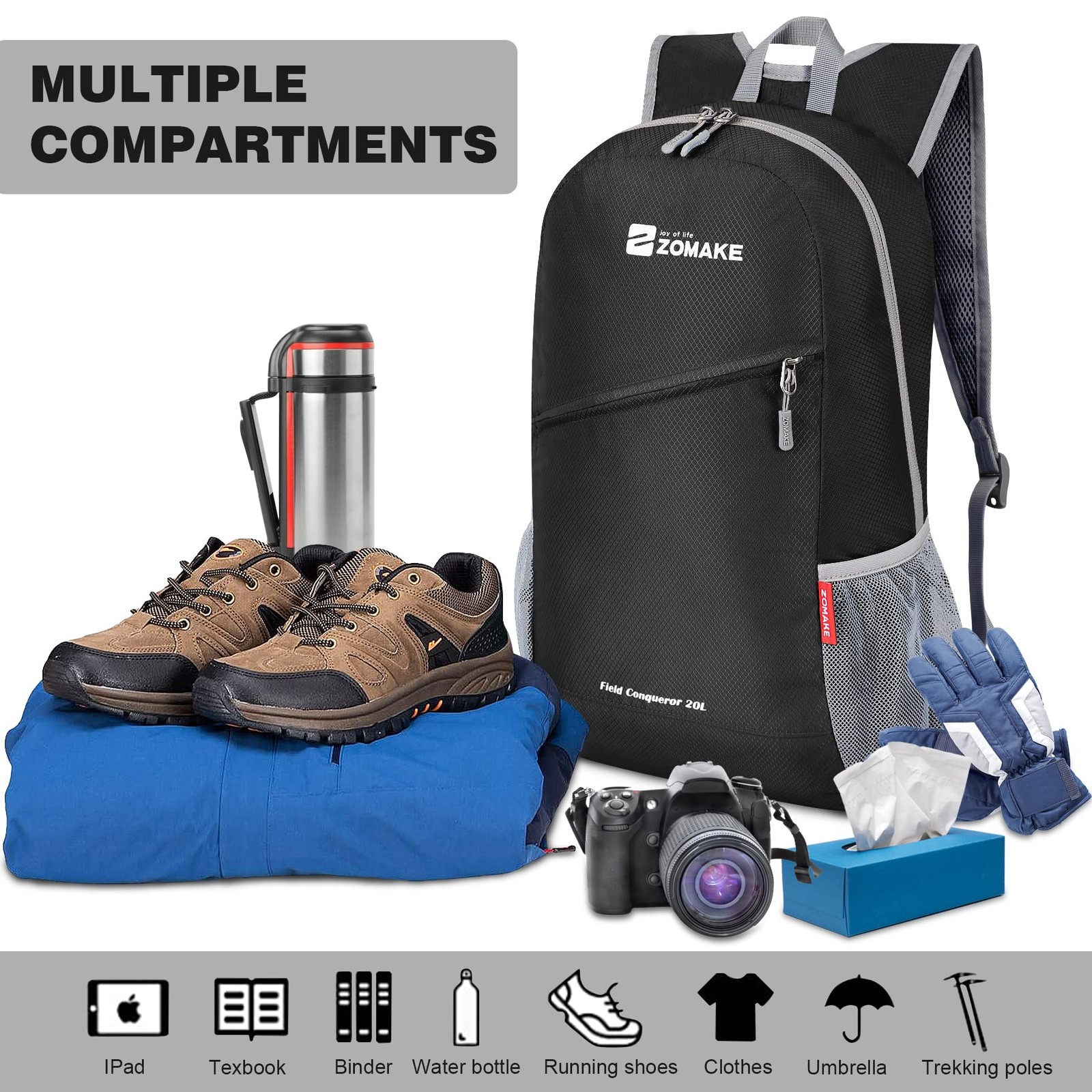 Black 20L Lightweight Packable Backpack Foldable Hiking Water Resistant Bag 3