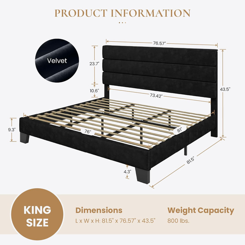 SHA CERLIN King Platform Bed Frame with Velvet Upholstered Headboard, Mattress F gallery