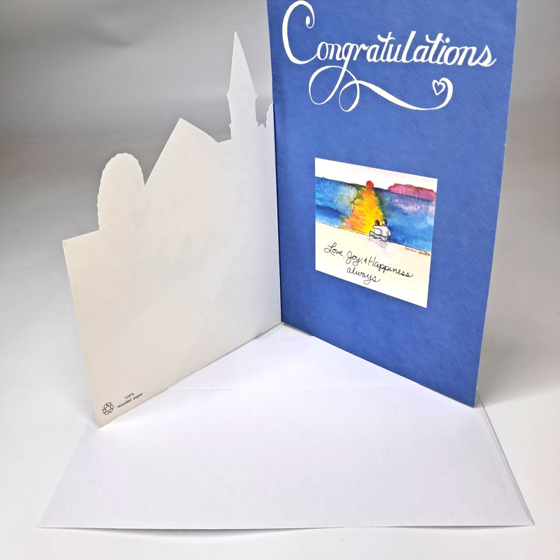 Wedding Congratulations Folded Card Envelope Windows Church 7 x 5 In Blue Green gallery