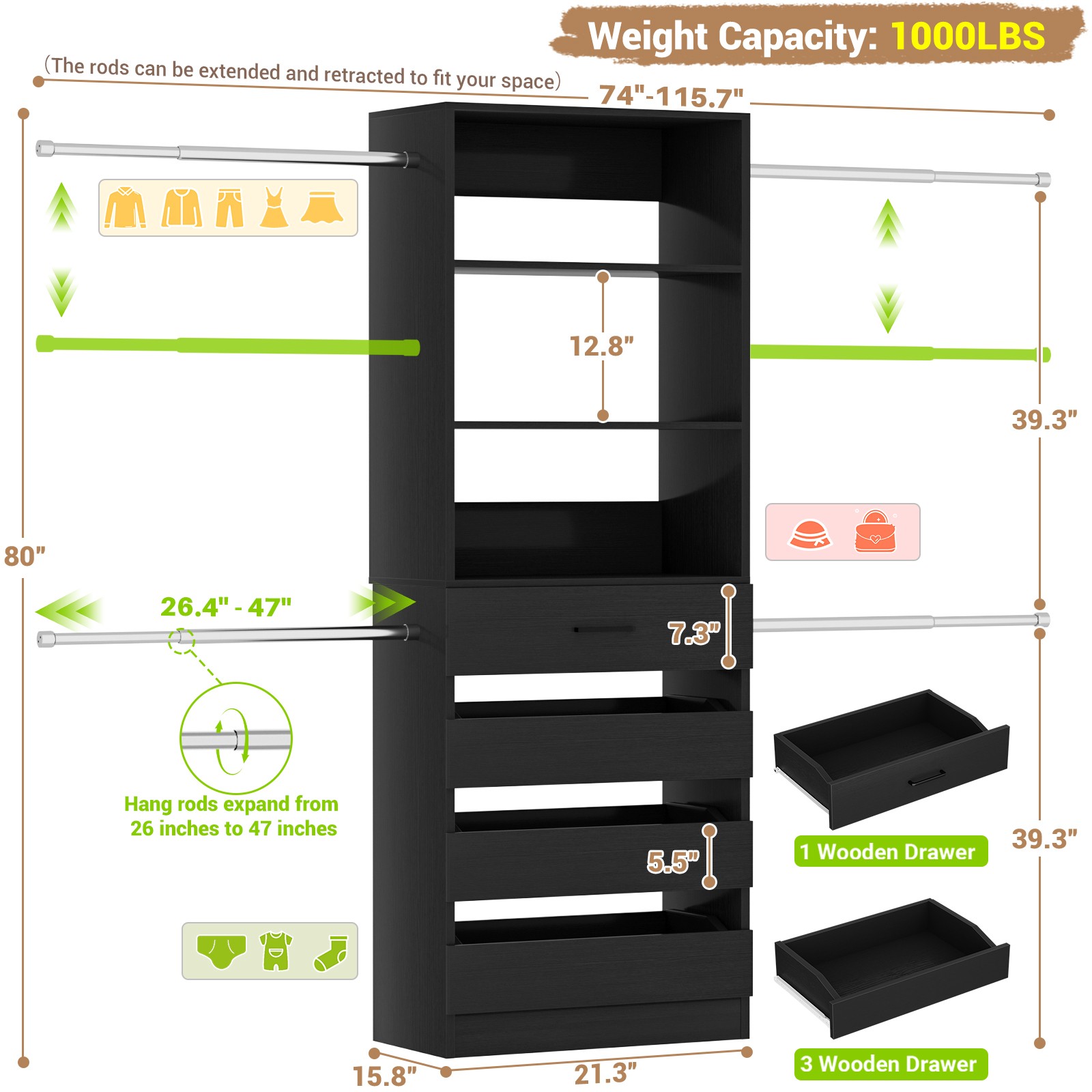 4-9Ft Walk-in Closet System Organizer with 4 Wooden Drawers & Rods for Wardrobes gallery